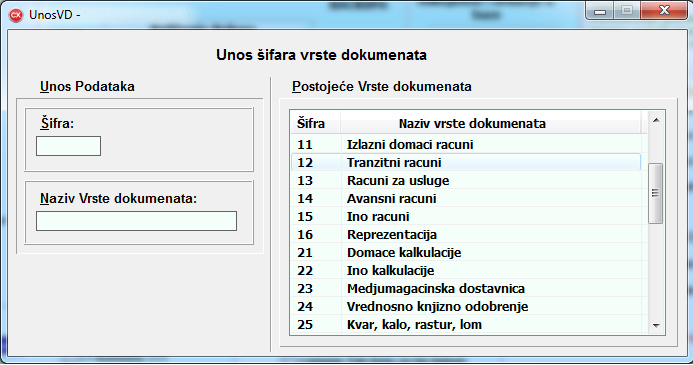 Unos šifara vrsta dokumenata