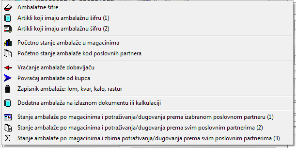 Opcije u modulu za vođenje evidencije ambalaže