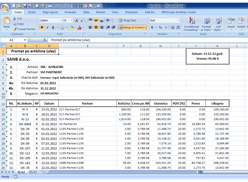 Promet po artiklima (ulaz) - štampa na Excel-u