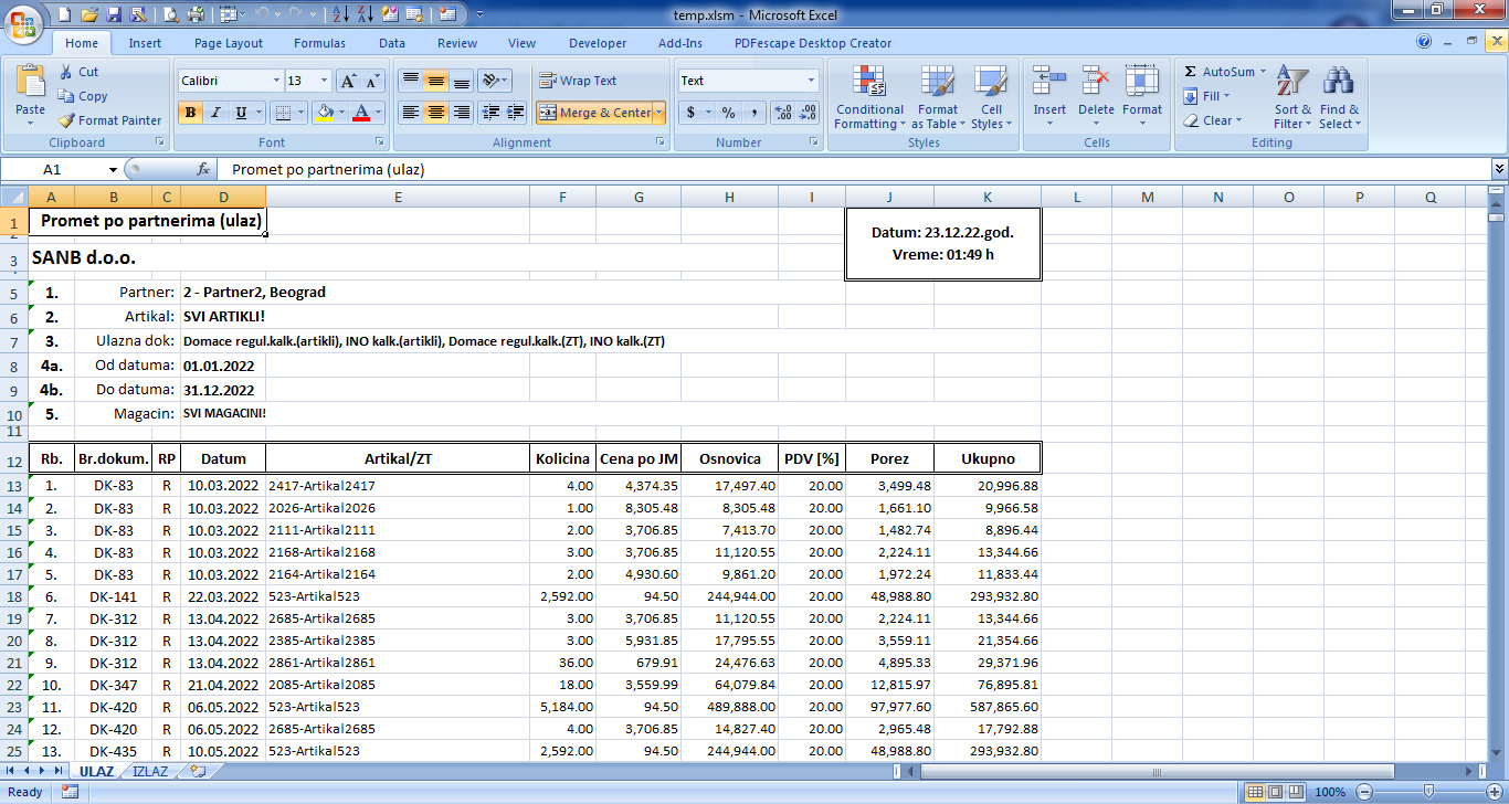 Promet po partnerima (ulaz) - štampa na Excel-u