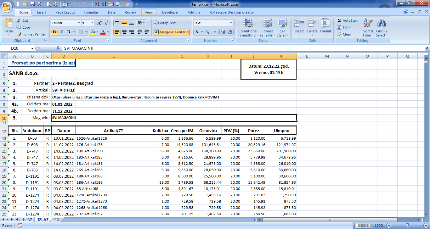 Promet po partnerima (izlaz) - štampa na Excel-u