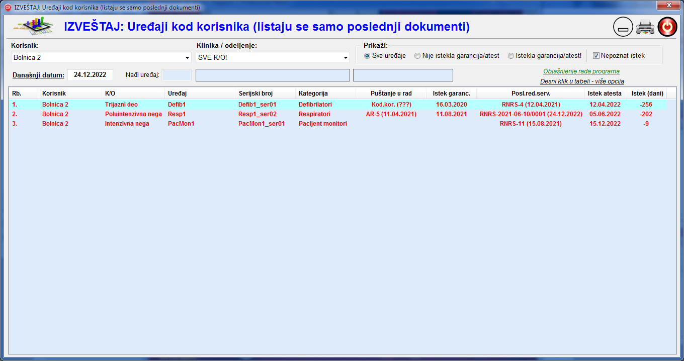 Izveštaj: Uređaji kod korisnika (samo poslednji dokumenti)
