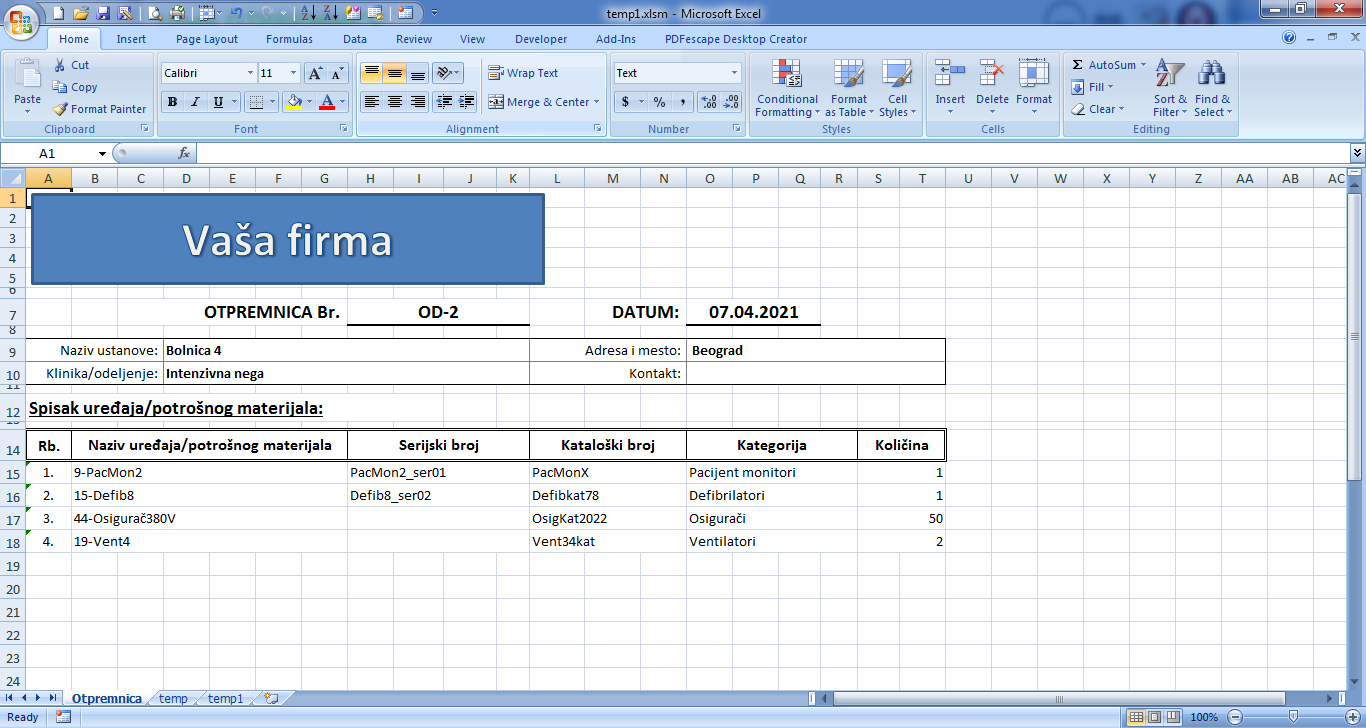 Štampa otpremnice (Excel)