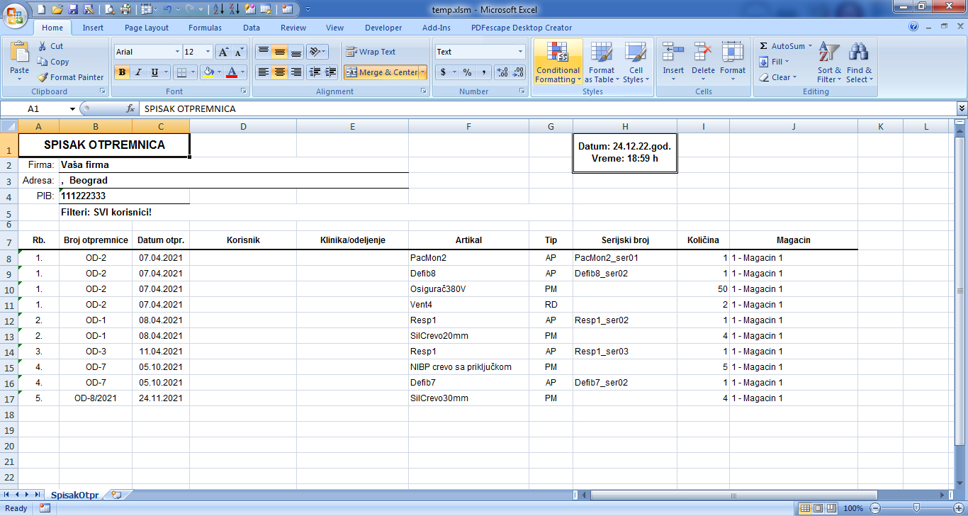 Spisak otpremnica (Excel)