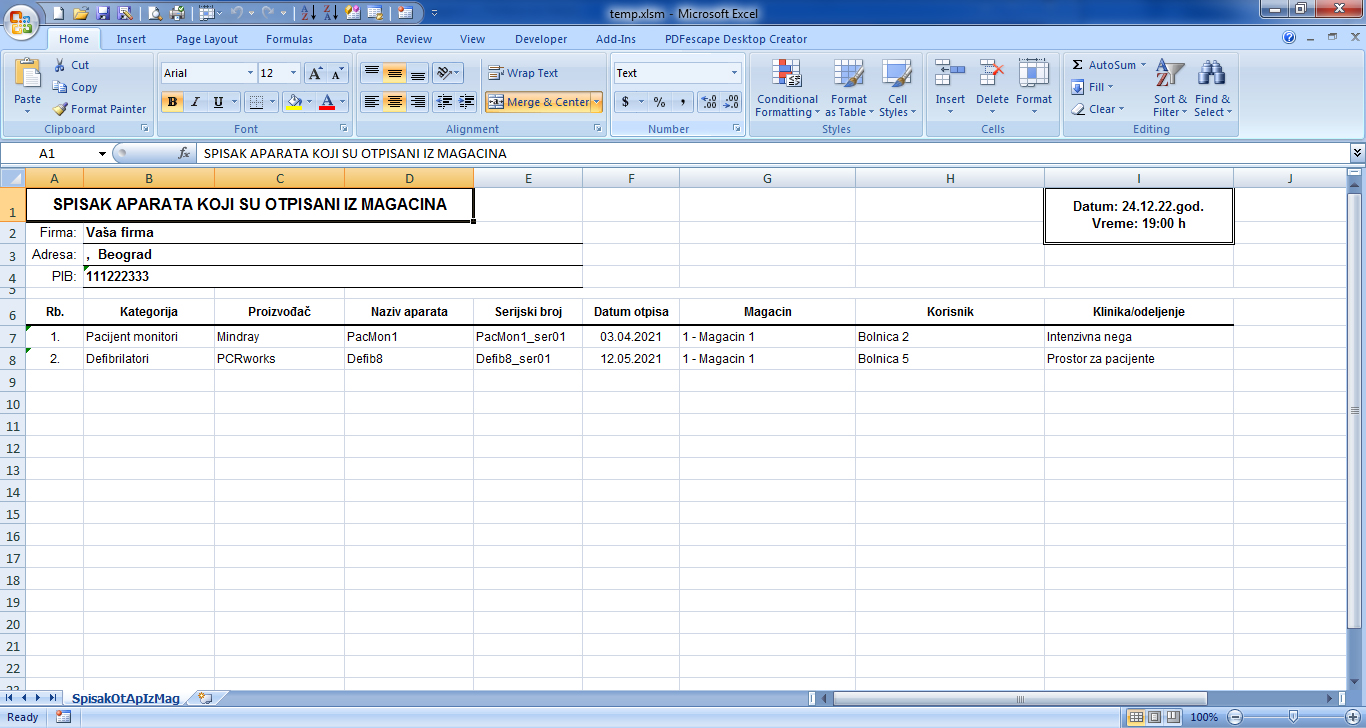 Spisak aparata koji su otpisani iz magacina (Excel)