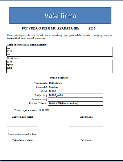 Potvrda o prijemu aparata (štampa u Excel-u)